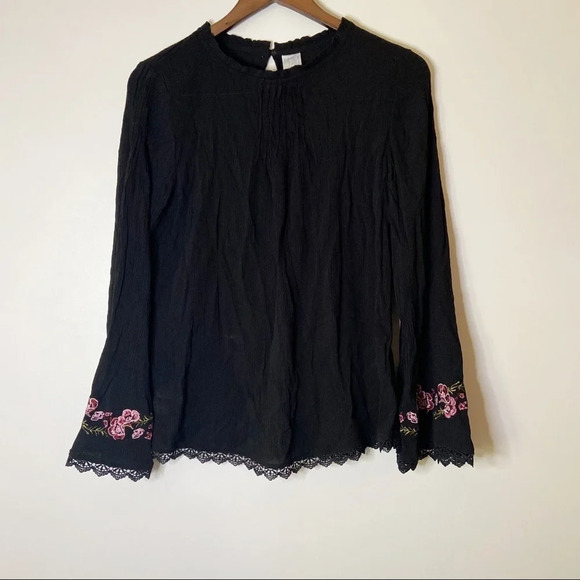 Embroidered Gauzy Blouse Small (4/6) Black High Neck Ruffle Lace Trim Boho Top - Picture 9 of 10